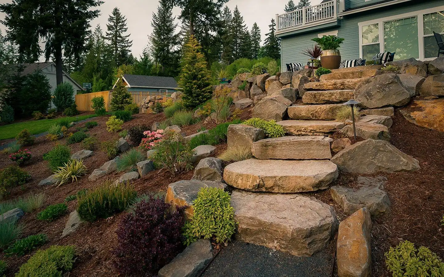 Natural stone outdoor staircase set into a landscape